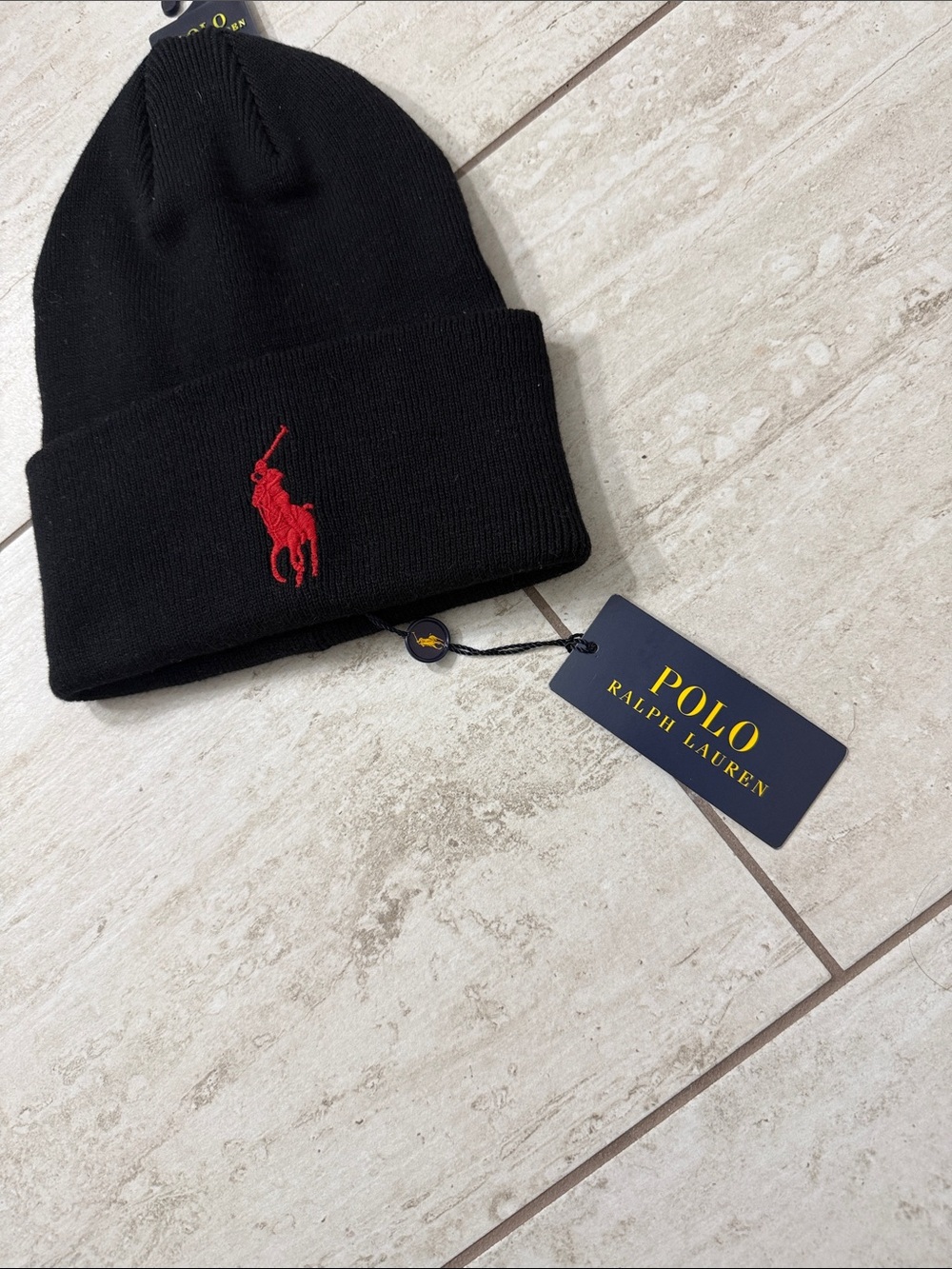 Polo by Ralph Lauren Black Knit Beanie with Red Pony Embroidery.. NWT ..authenti